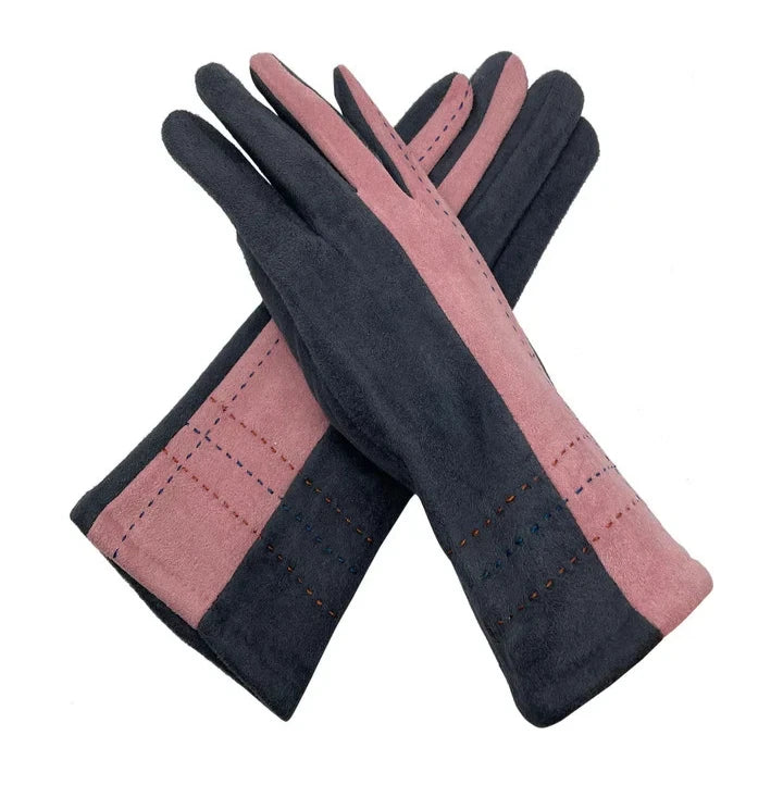 Women Fleece Thermal Gloves Stitch Detail Two Tone Classic Winter Warm Gloves