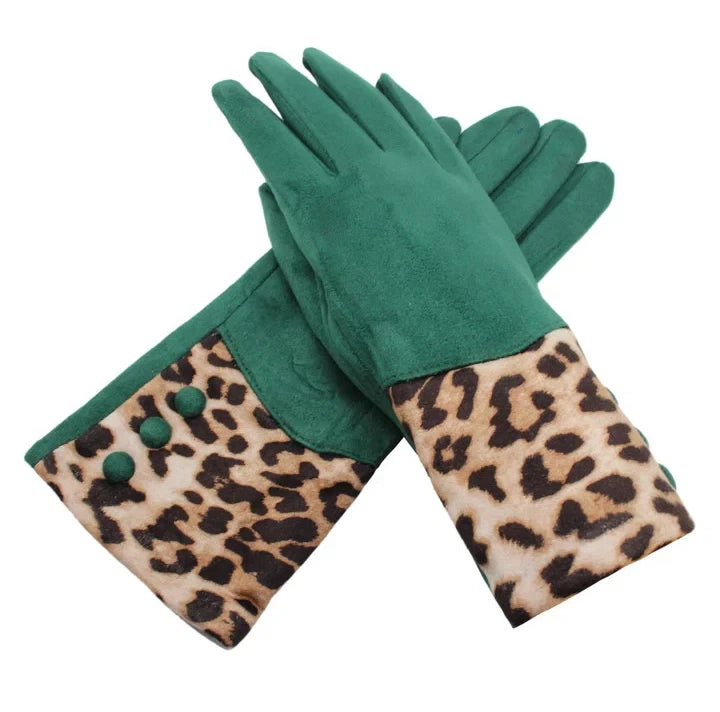Women's Fleece Lined Fashion Gloves Leopard Print Cuffs Winter Warm Cosy Gloves