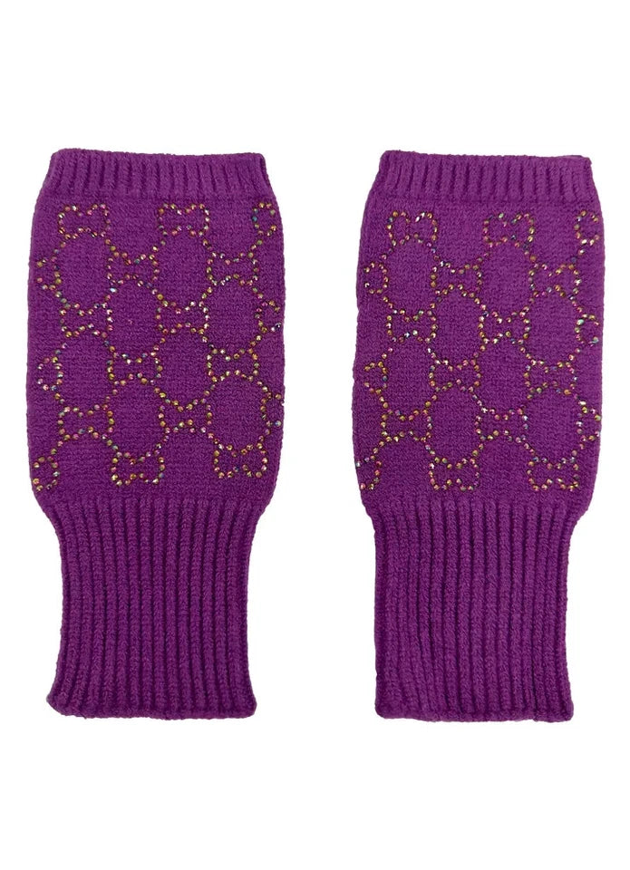 Women's Soft Fingerless Knitted Gloves Cosy Arm Warm Winter Ladies Fashion Gloves Sequined Interlocking Pattern