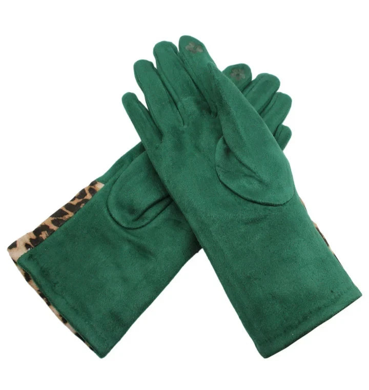 Women's Fleece Lined Fashion Gloves Leopard Print Cuffs Winter Warm Cosy Gloves