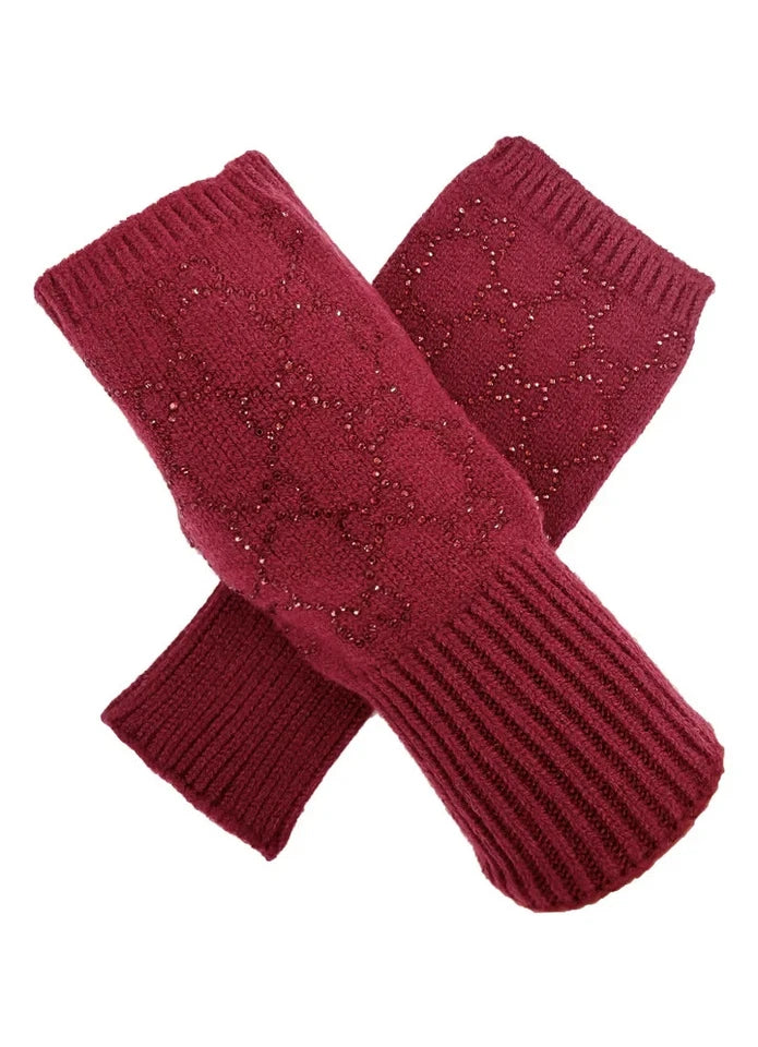 Women's Soft Fingerless Knitted Gloves Cosy Arm Warm Winter Ladies Fashion Gloves Sequined Interlocking Pattern