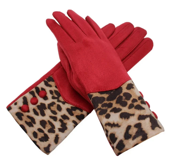 Women's Fleece Lined Fashion Gloves Leopard Print Cuffs Winter Warm Cosy Gloves