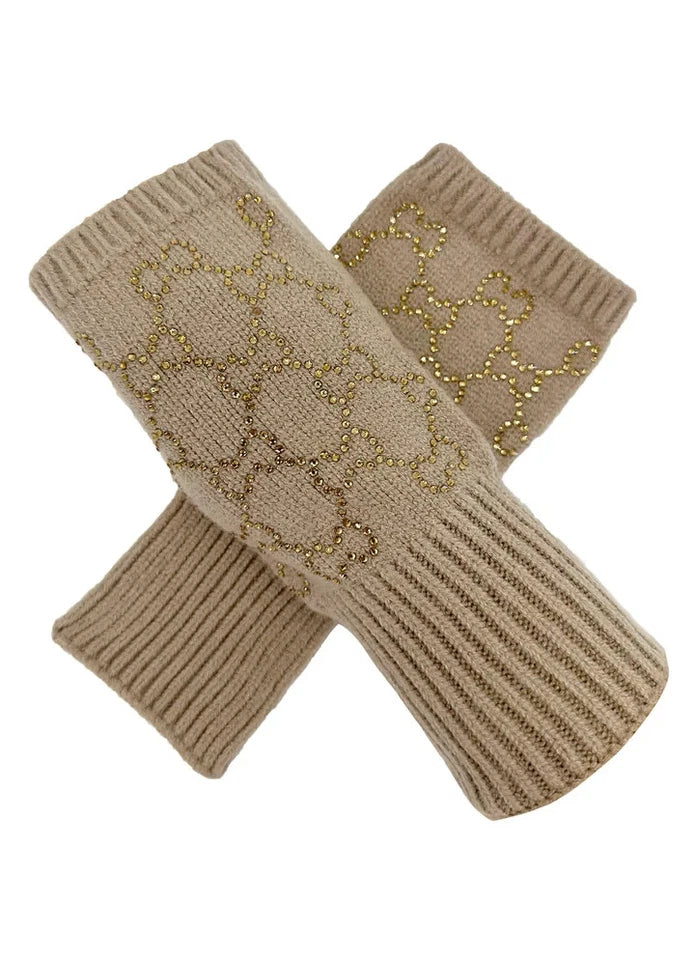 Women's Soft Fingerless Knitted Gloves Cosy Arm Warm Winter Ladies Fashion Gloves Sequined Interlocking Pattern