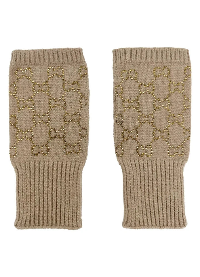 Women's Soft Fingerless Knitted Gloves Cosy Arm Warm Winter Ladies Fashion Gloves Sequined Interlocking Pattern