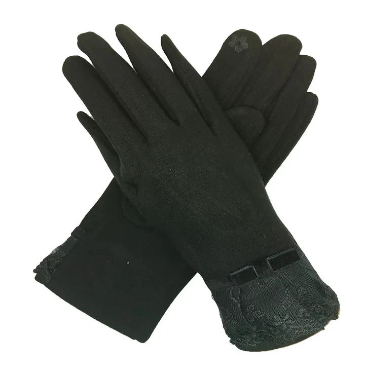 Womens Fashion Gloves Soft Cosy Fleece Lined Bow & Embroidery Touch Screen Glove