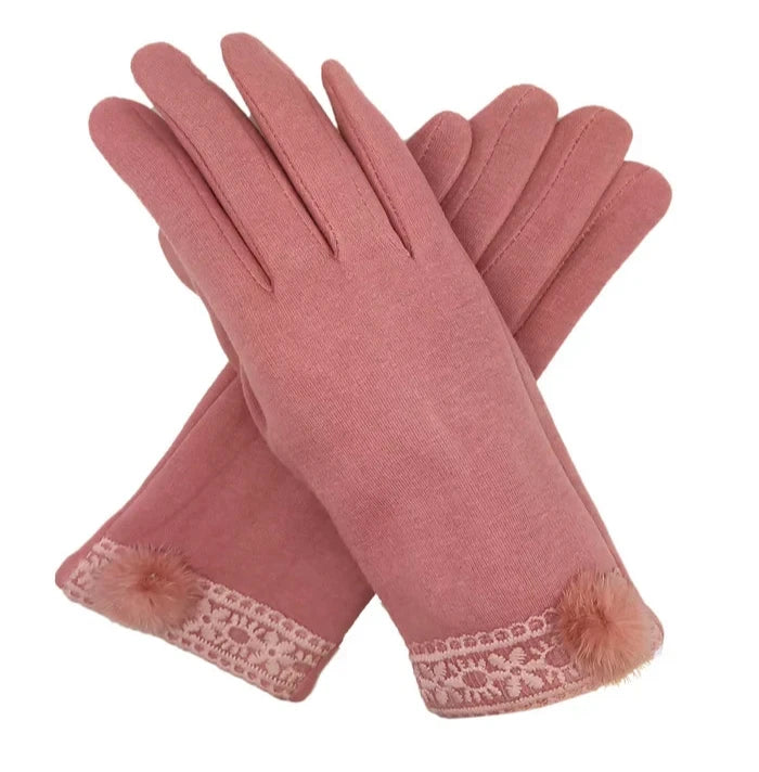 Women Fashion Gloves Soft Fleece Lined Fur Pom Pom & Lace Trim Touchscreen Glove