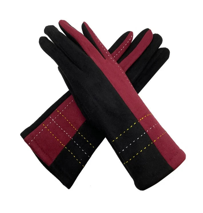 Women Fleece Thermal Gloves Stitch Detail Two Tone Classic Winter Warm Gloves