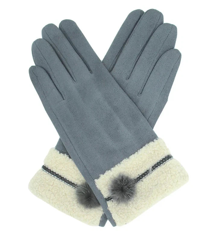 Women's Fleece Lined Cosy Winter Warm Gloves Ladies Faux Fur Cuffs Pom Pom Glove