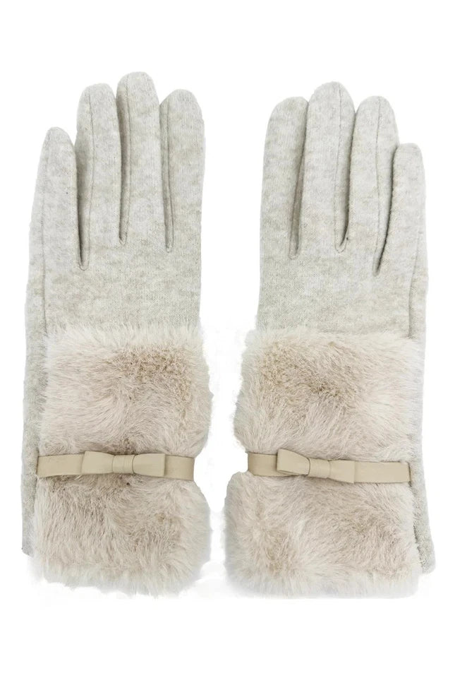 Women Soft Fuzzy Plain Gloves Faux Fur Cuffs with Ribbon Bow Touch Screen Ladies Fashion Gloves