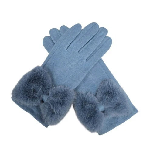 Women's Plain Winter Gloves Faux Fur Cuffs Bow Soft Comfy Lined Touch Screen Gloves