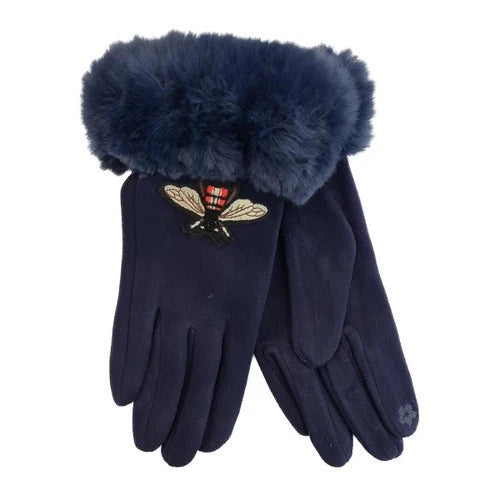 Women's Ladies Embroidered Bee Winter Gloves Touch Screen Fleece Warm Soft Fur Lined Thermal