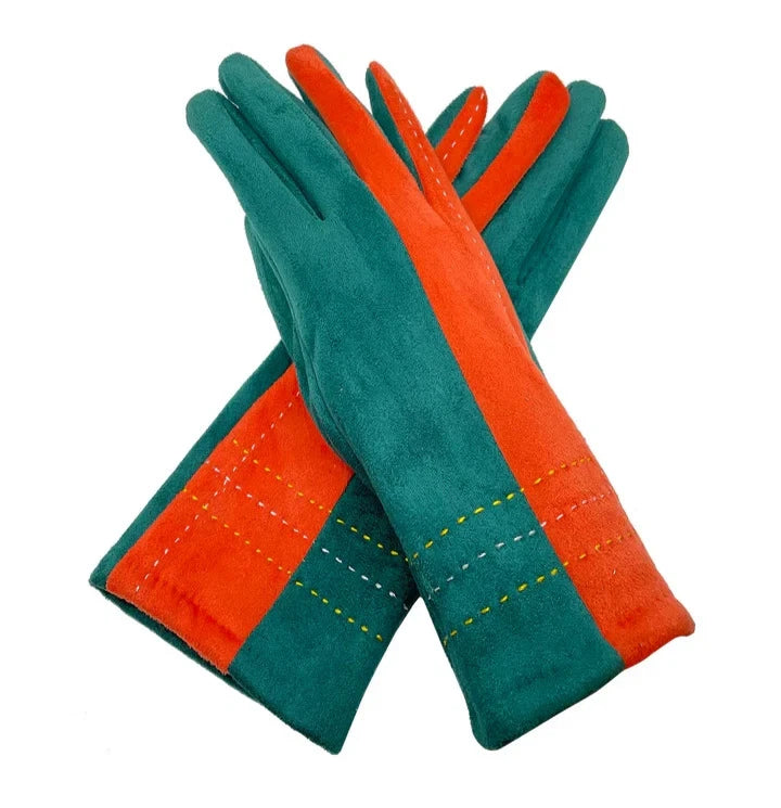 Women Fleece Thermal Gloves Stitch Detail Two Tone Classic Winter Warm Gloves