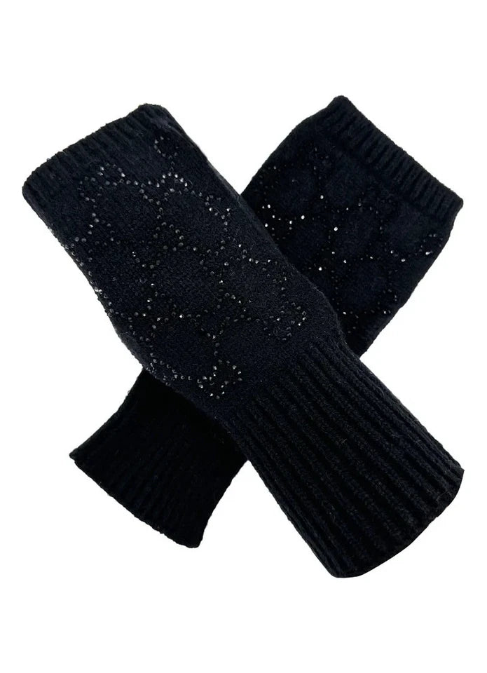 Women's Soft Fingerless Knitted Gloves Cosy Arm Warm Winter Ladies Fashion Gloves Sequined Interlocking Pattern