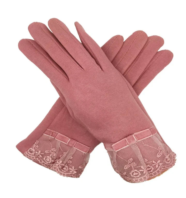 Womens Fashion Gloves Soft Cosy Fleece Lined Bow & Embroidery Touch Screen Glove
