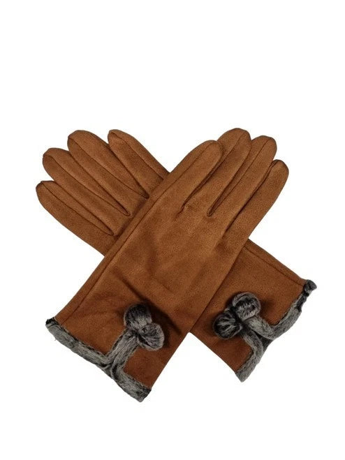 Women's Winter Fashion Gloves Fleece Faux Suede Gloves Warm Thermal Soft Lined Fur Pom Pom Gloves