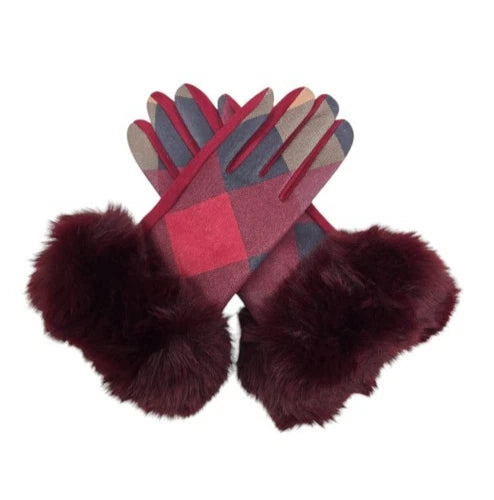 Women's Luxury Winter Warm Gloves Check Tartan Faux Fur Trim Gloves Fleece Lined