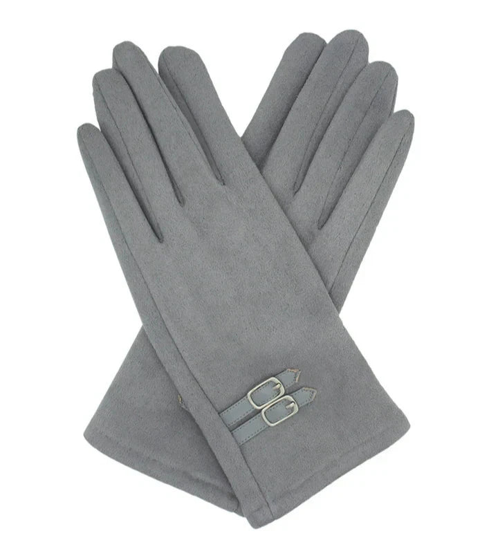 Women's Suede Look Winter Gloves Buckle Accent Fleece Thermal Lining Warm Gloves