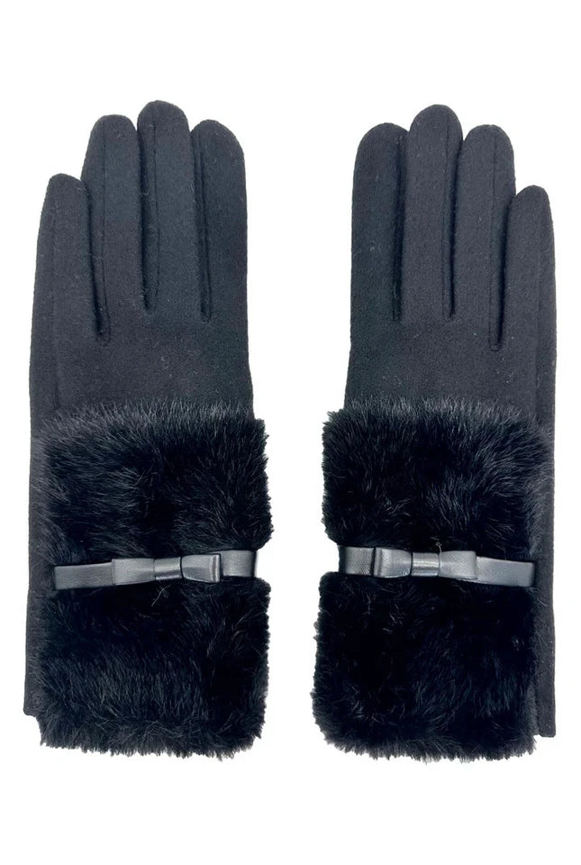Women Soft Fuzzy Plain Gloves Faux Fur Cuffs with Ribbon Bow Touch Screen Ladies Fashion Gloves