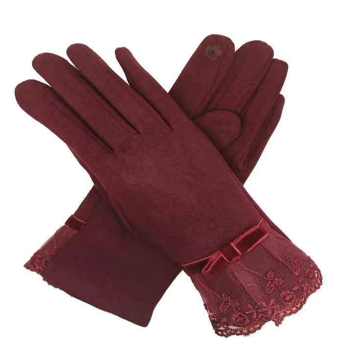Womens Fashion Gloves Soft Cosy Fleece Lined Bow & Embroidery Touch Screen Glove
