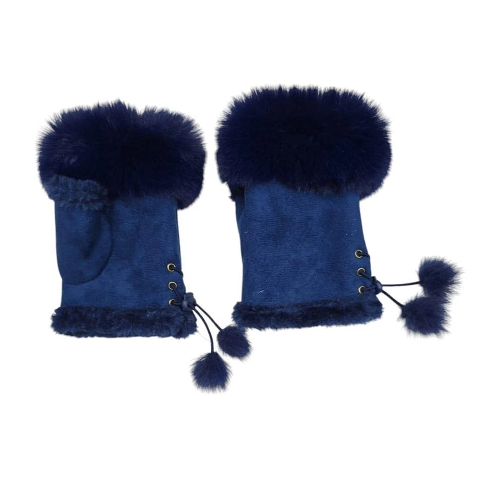 Women Ladies Winter Fur Fingerless Gloves Mittens Soft Warm Fleece Lined UK