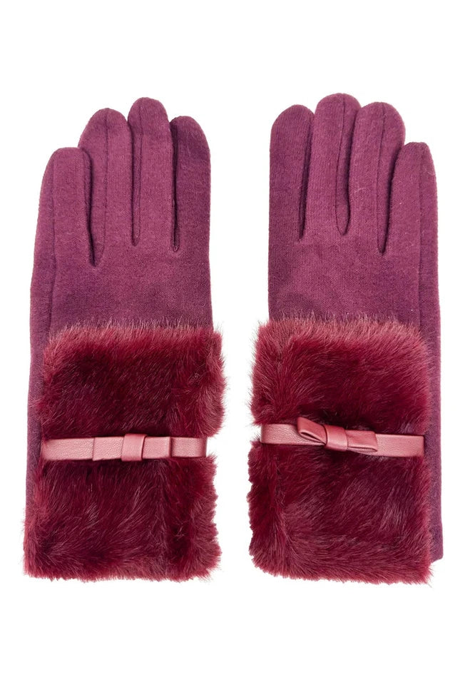 Women Soft Fuzzy Plain Gloves Faux Fur Cuffs with Ribbon Bow Touch Screen Ladies Fashion Gloves