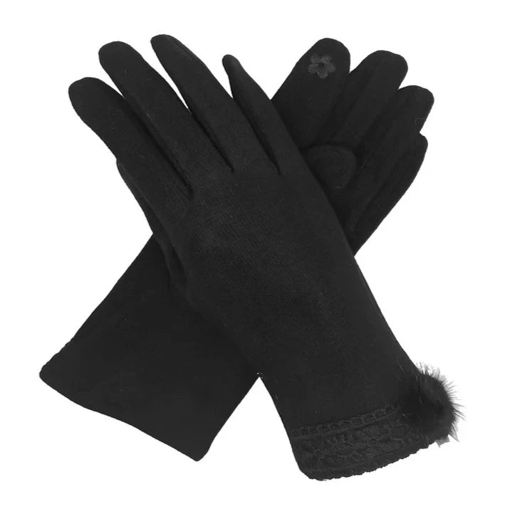 Women Fashion Gloves Soft Fleece Lined Fur Pom Pom & Lace Trim Touchscreen Glove