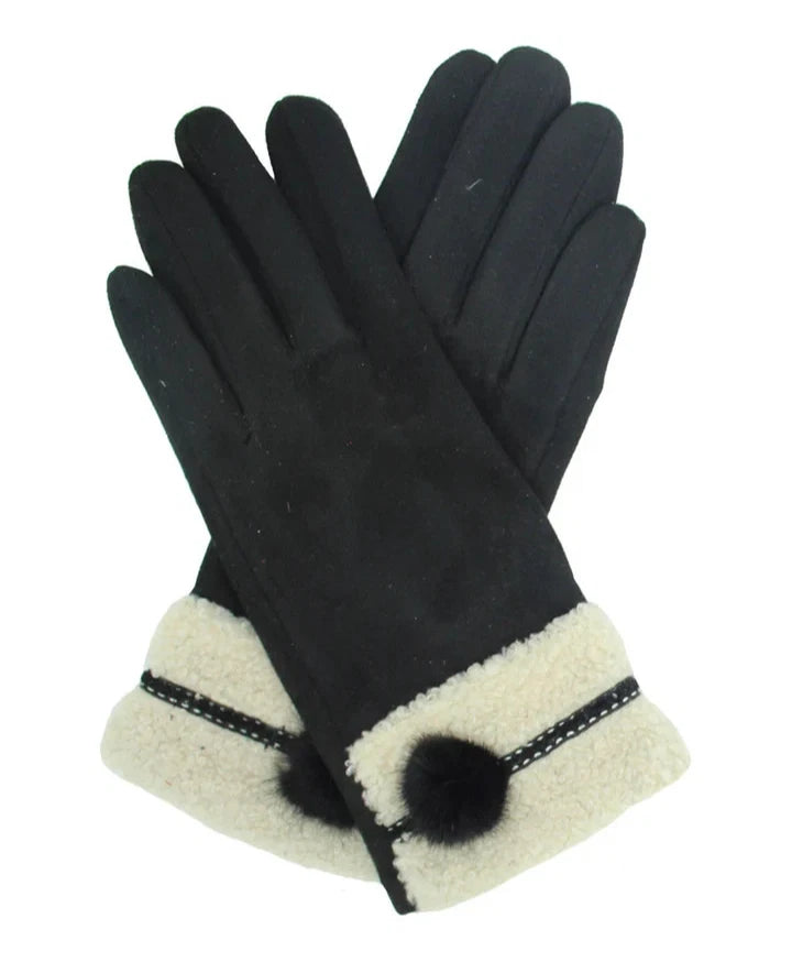 Women's Fleece Lined Cosy Winter Warm Gloves Ladies Faux Fur Cuffs Pom Pom Glove