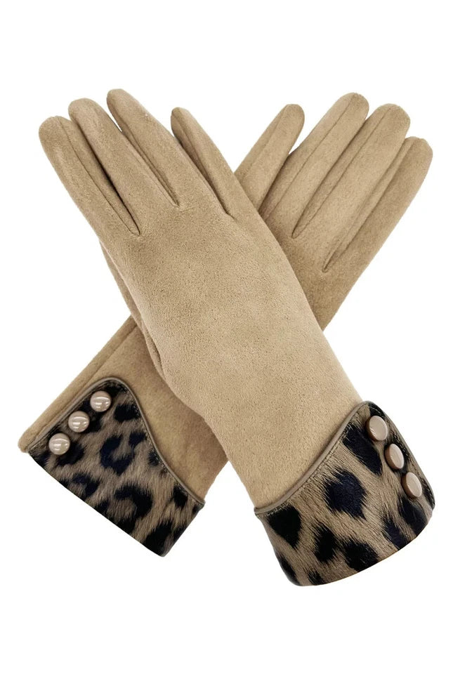 Women Plain Solid Coloured Cosy Gloves Warm Fashion Gloves Leopard Print Cuff & Buttons Touch Screen Gloves
