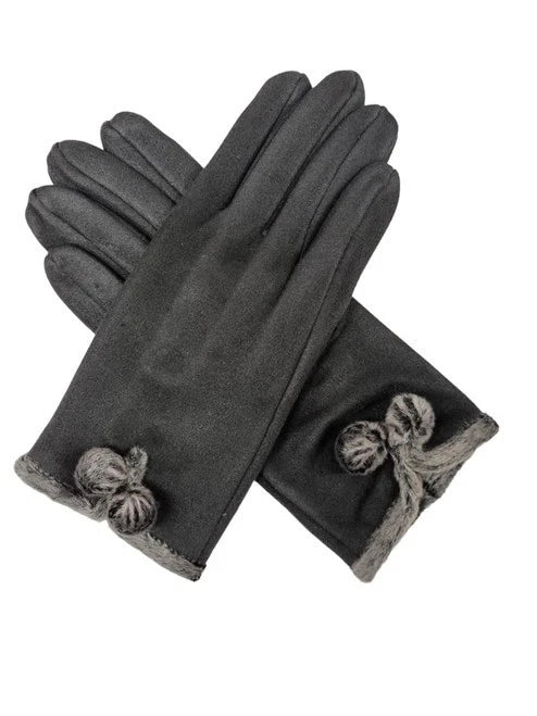 Women's Winter Fashion Gloves Fleece Faux Suede Gloves Warm Thermal Soft Lined Fur Pom Pom Gloves