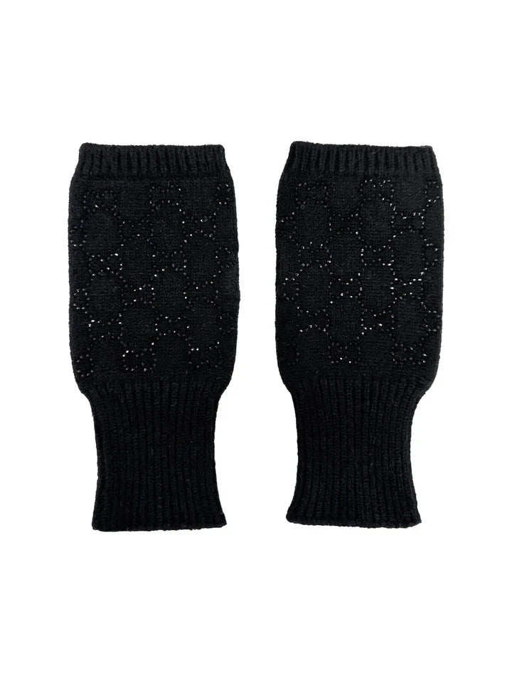 Women's Soft Fingerless Knitted Gloves Cosy Arm Warm Winter Ladies Fashion Gloves Sequined Interlocking Pattern