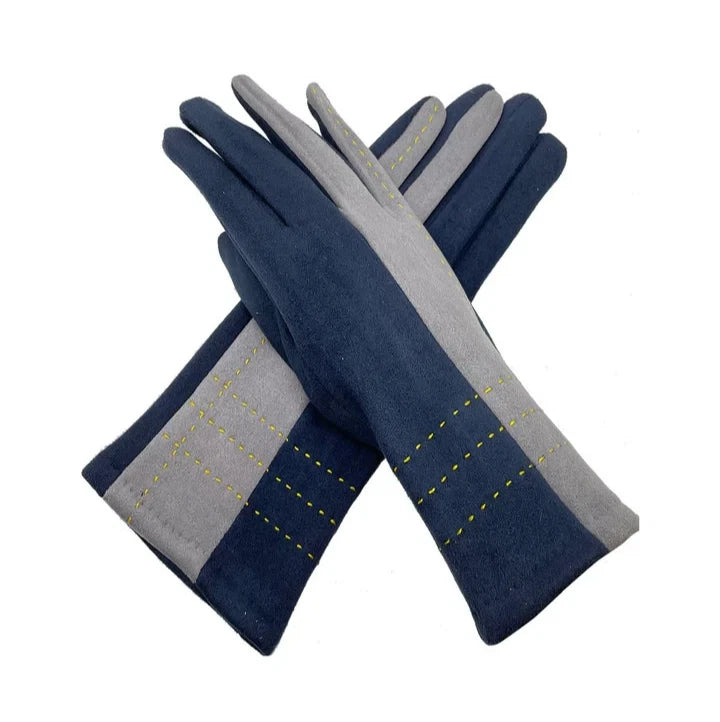 Women Fleece Thermal Gloves Stitch Detail Two Tone Classic Winter Warm Gloves