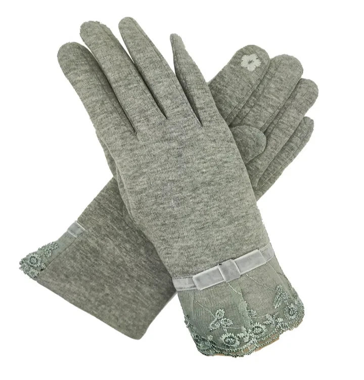 Womens Fashion Gloves Soft Cosy Fleece Lined Bow & Embroidery Touch Screen Glove
