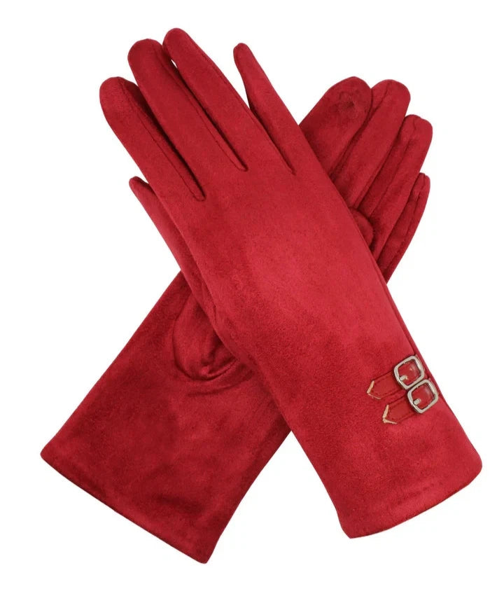 Women's Suede Look Winter Gloves Buckle Accent Fleece Thermal Lining Warm Gloves