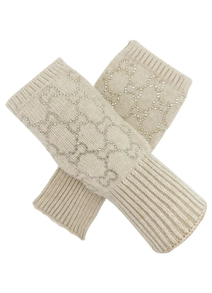 Women's Soft Fingerless Knitted Gloves Cosy Arm Warm Winter Ladies Fashion Gloves Sequined Interlocking Pattern