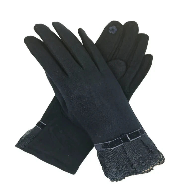 Womens Fashion Gloves Soft Cosy Fleece Lined Bow & Embroidery Touch Screen Glove