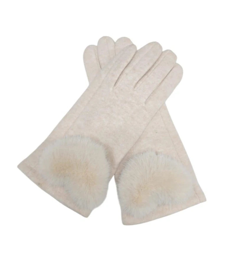 Women's Winter Gloves Soft Fur Pompom Cashmere Blend Ladies Fashion Plain Gloves