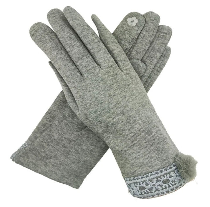 Women Fashion Gloves Soft Fleece Lined Fur Pom Pom & Lace Trim Touchscreen Glove