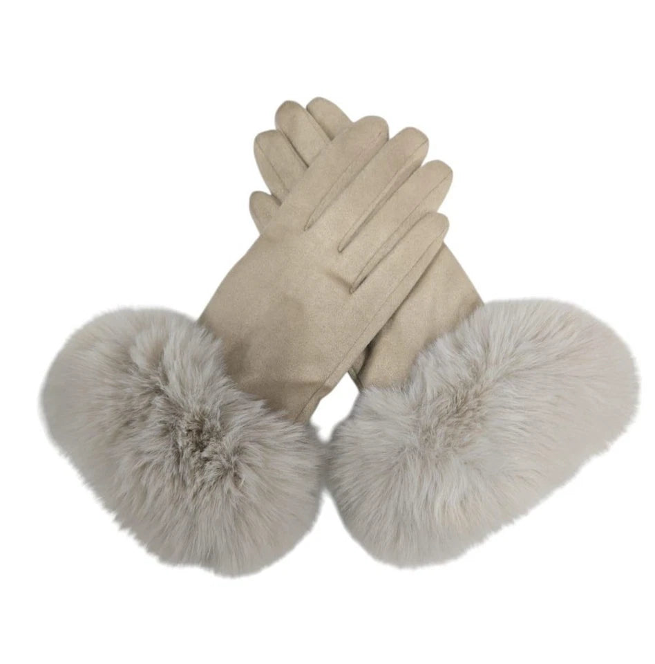 Women Winter Warm Gloves Ladies Suede Soft Faux Fur Fleece Lined Thermal Gloves
