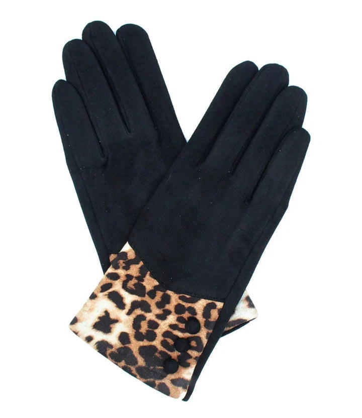 Women's Fleece Lined Fashion Gloves Leopard Print Cuffs Winter Warm Cosy Gloves