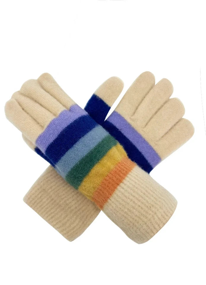 Women Gloves Ladies Colorful Striped Detail Winter Warm Cosy Soft Knitted Gloves