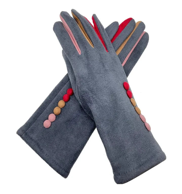 Women Fleece Cosy Gloves Touch Screen Ladies Buttons Pattern Winter Warm Gloves