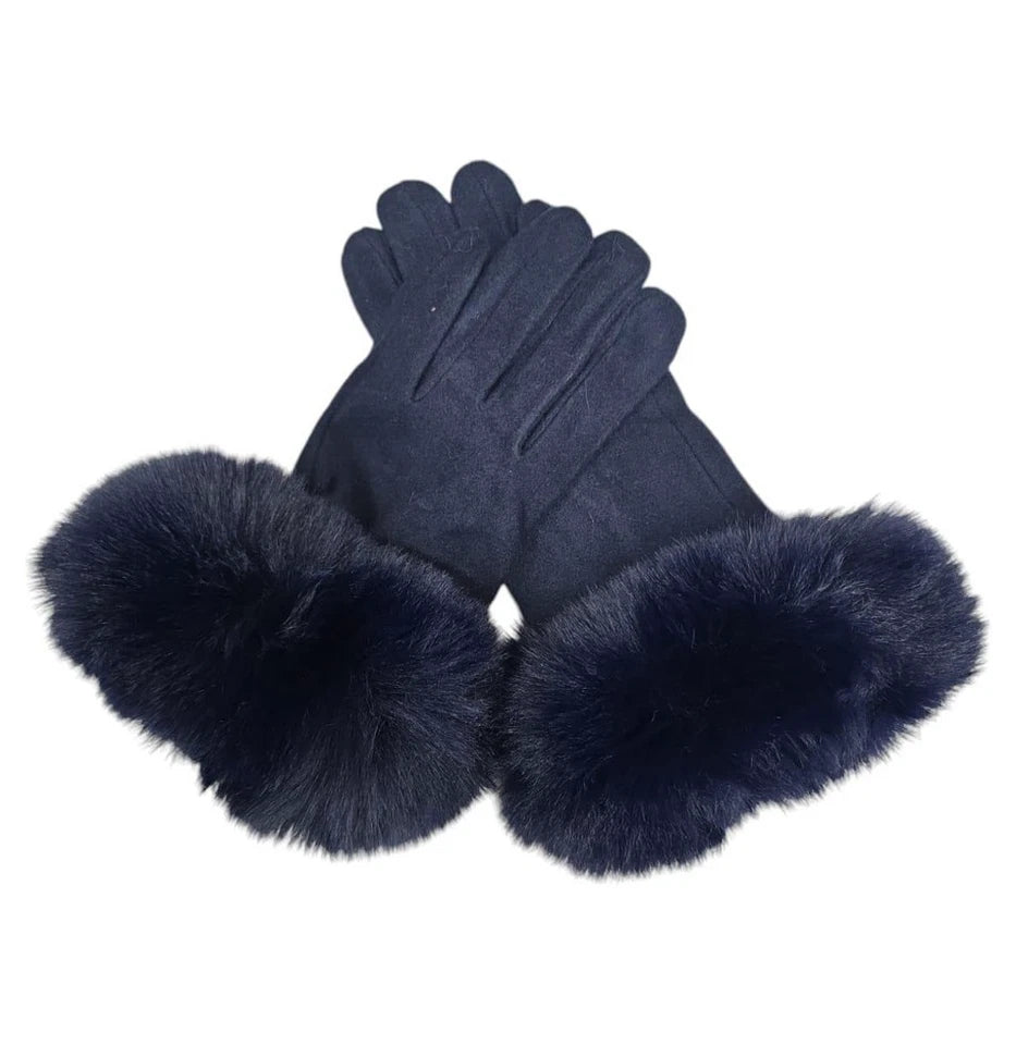 Women Winter Gloves Cashmere Blend Soft Warm Faux Fur Cuffs Ladies Fashion Glove