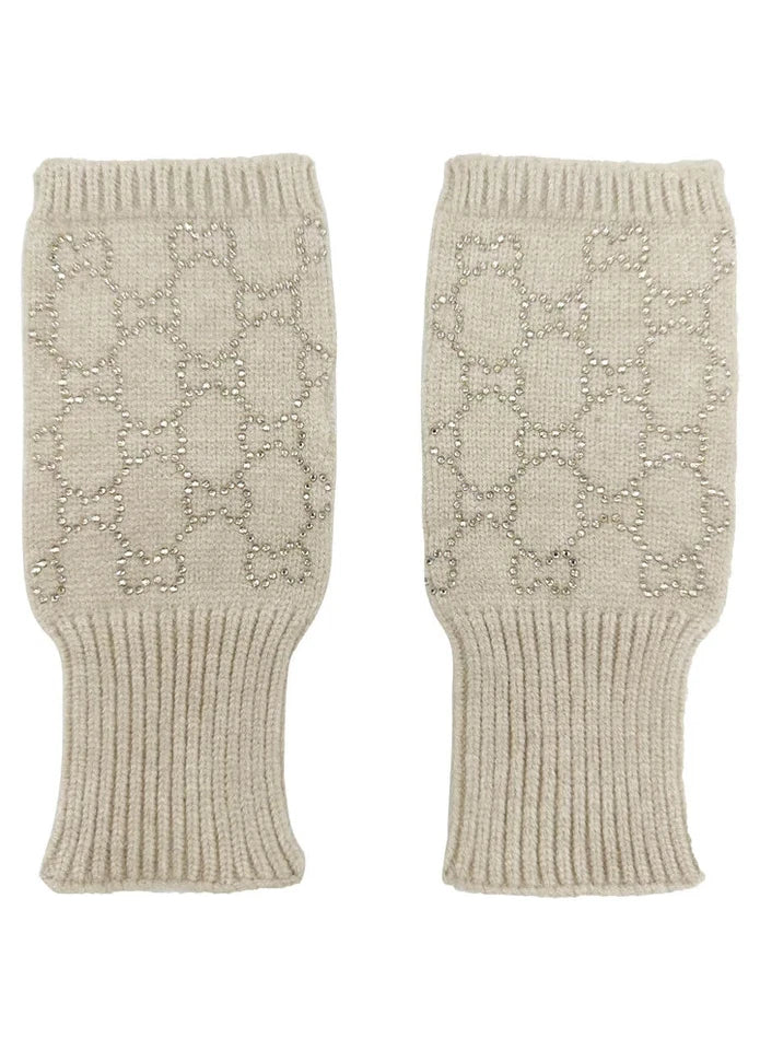 Women's Soft Fingerless Knitted Gloves Cosy Arm Warm Winter Ladies Fashion Gloves Sequined Interlocking Pattern