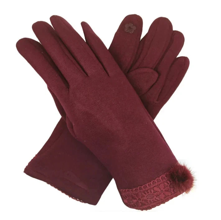 Women Fashion Gloves Soft Fleece Lined Fur Pom Pom & Lace Trim Touchscreen Glove