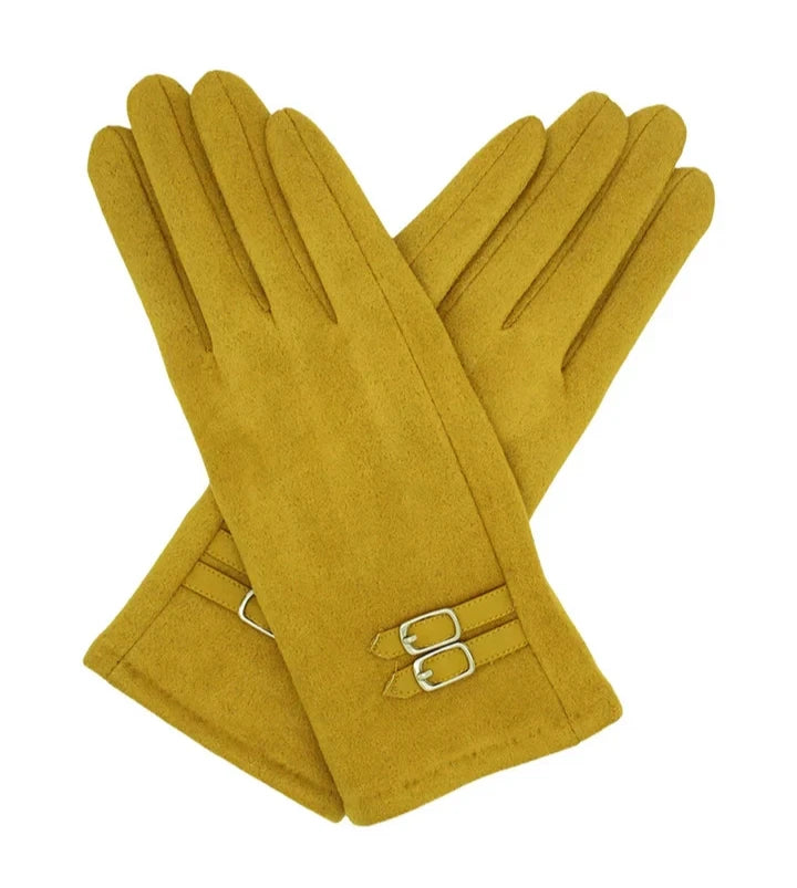 Women's Suede Look Winter Gloves Buckle Accent Fleece Thermal Lining Warm Gloves