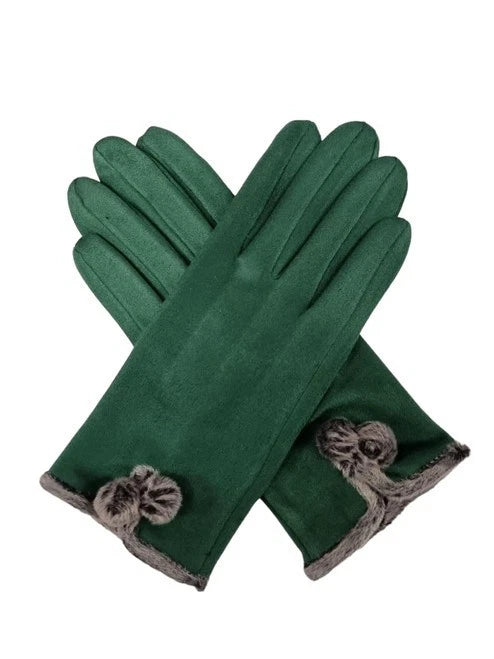 Women's Winter Fashion Gloves Fleece Faux Suede Gloves Warm Thermal Soft Lined Fur Pom Pom Gloves