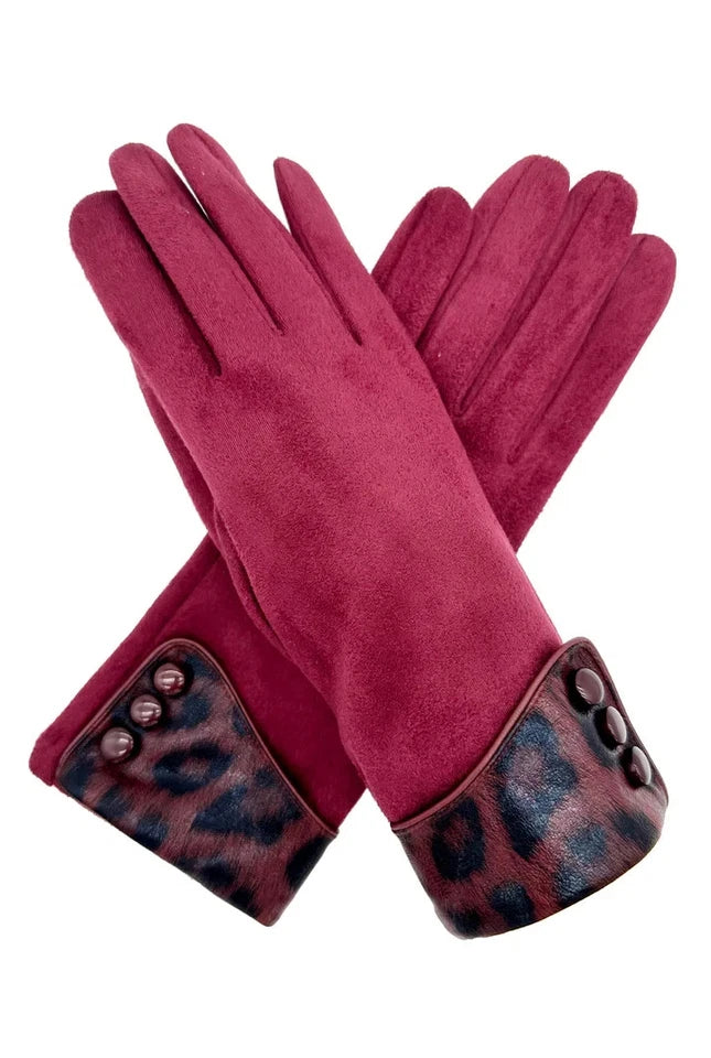 Women Plain Solid Coloured Cosy Gloves Warm Fashion Gloves Leopard Print Cuff & Buttons Touch Screen Gloves