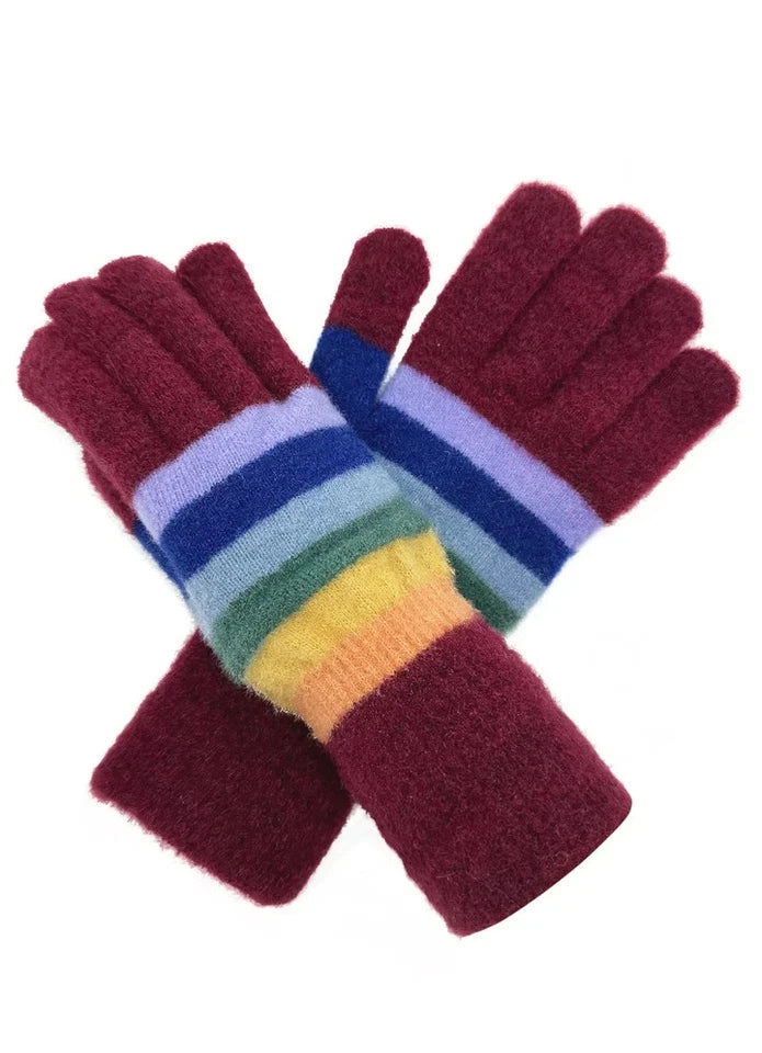 Women Gloves Ladies Colorful Striped Detail Winter Warm Cosy Soft Knitted Gloves