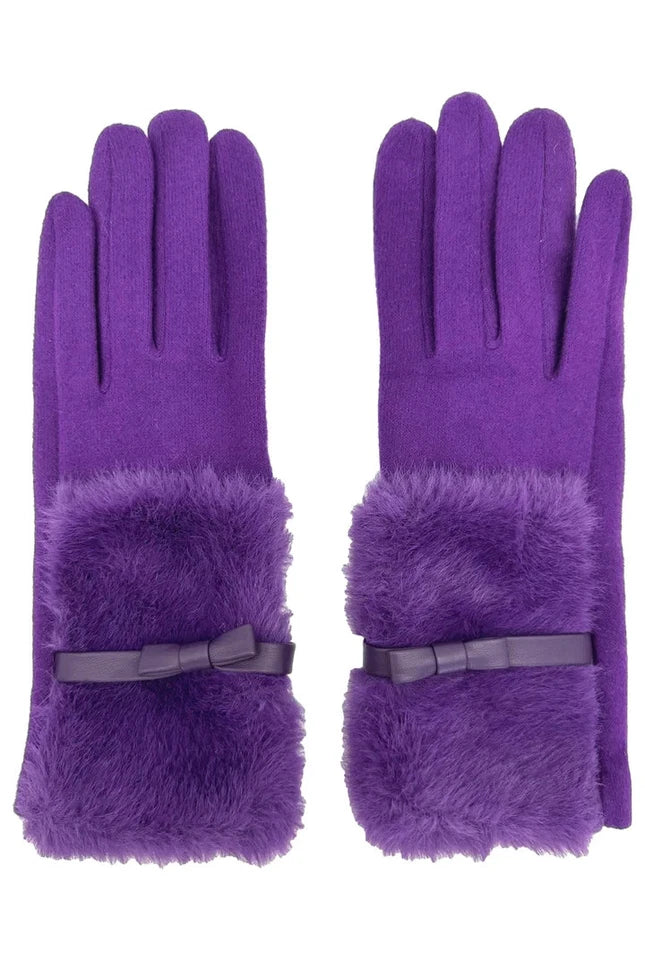 Women Soft Fuzzy Plain Gloves Faux Fur Cuffs with Ribbon Bow Touch Screen Ladies Fashion Gloves
