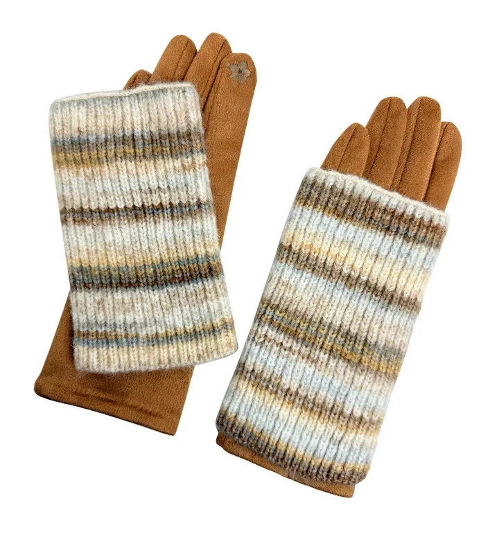 Women Fleece Cosy Gloves 2 in 1 Winter Warm Soft Fingerless Knitted Cuff Gloves